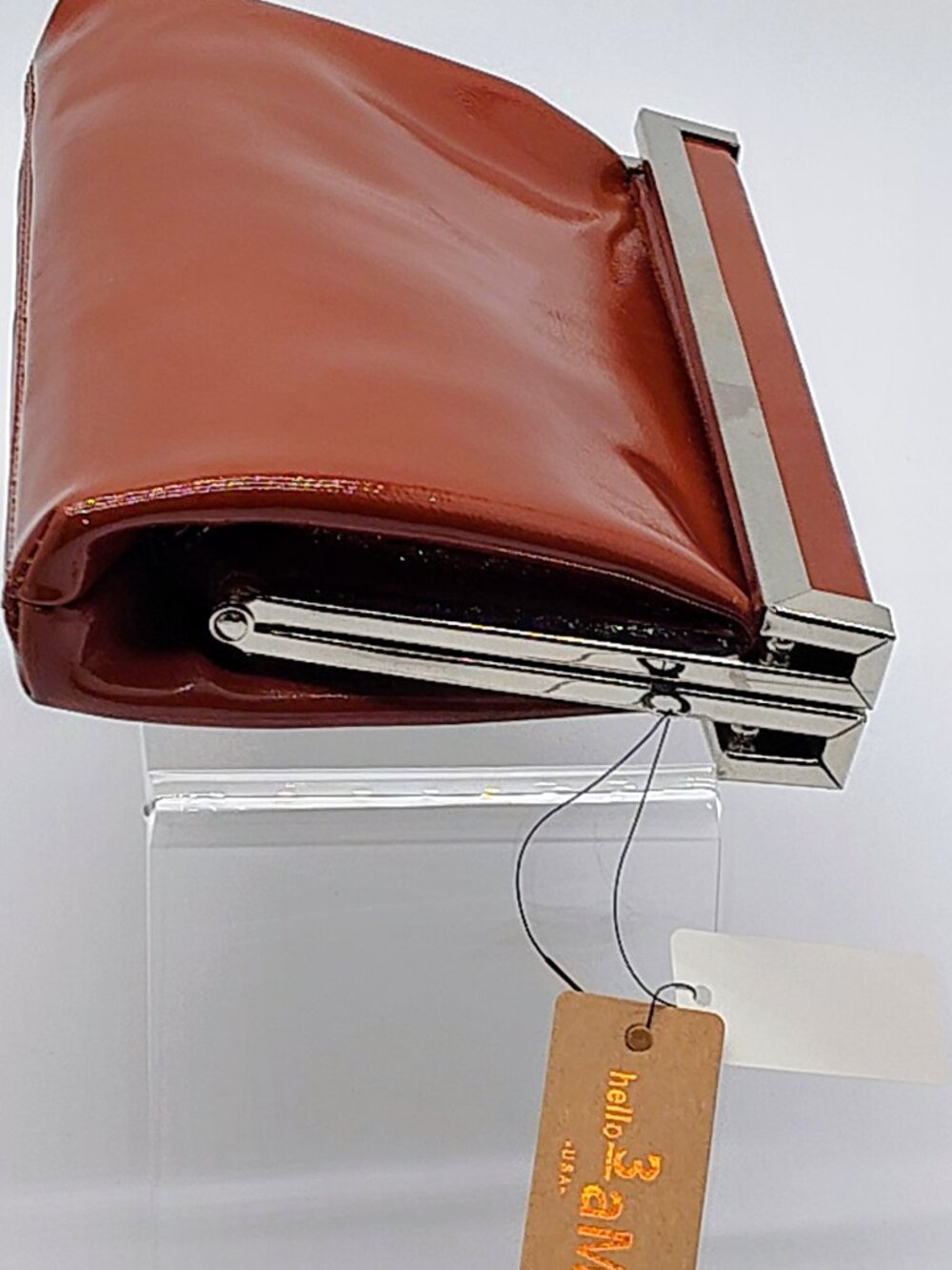 Glossy Camel Patent Structured Frame Clutch Bag